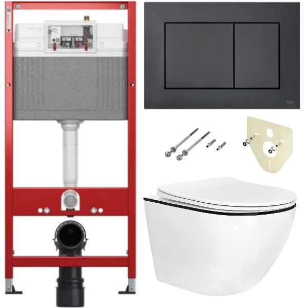 Комплект 6 в 1: инсталляция TECEbase kit 9400414 с черной кнопкой и подвесным унитазом Amore di Mare Delio P203B